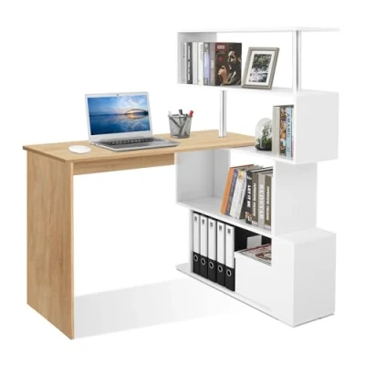 Afbeelding van Meerveil Computerbureau L vorm met 360 draaibare plank voor kantoor, woonkamer, 157 x 45 130,5 cm, eiken (tafelblad) en witte