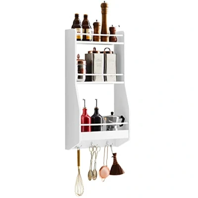 Afbeelding van SoBuy KCR12 W Wandrek, kruidenrek, opslag, keuken, badkamerrek met 3 haken, 38 x 17 75 cm,