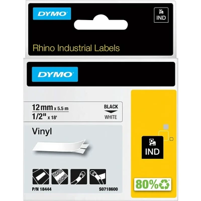 Afbeelding van DYMO Rhino industriële Vinyl labels 12 mm x 5,5 m zwarte afdruk op wit zelfklevende voor &amp; LabelManager labelprinters