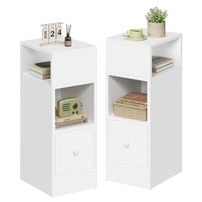 Afbeelding van EUGAD 0179ZZ 2 Set van smalle nachtkastjes met open planken en 1 lade, klein, smal nachtkastje in de slaapkamer, 25 x 66 30 cm, ruimtebesparend