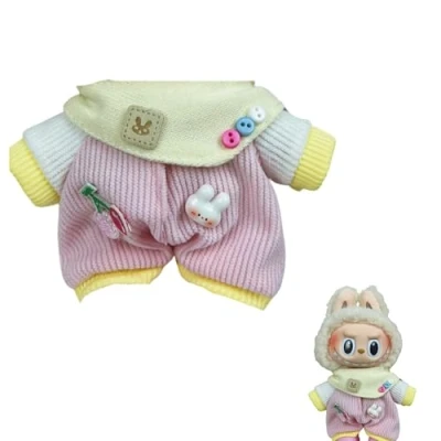 Afbeelding van MAGIC SELECT Labubu pluche poppenkleding 17 cm. Kledings en accessoireset, roze tuinbroek gele bandana (pluche niet inbegrepen).