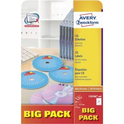 Afbeelding van Avery Zweckform L7676A 40P CD etiketten Ø 117 mm Papier Wit 80 stuk(s) Permanent hechtend Laser (kleur), (zwart/wit), Kopiëren