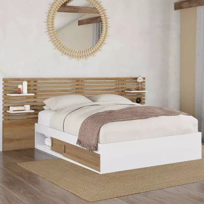 Image de Lit double SAVANA avec tête de lit, chevets, rangements et sommier 140 x 190 cm blanc hêtre