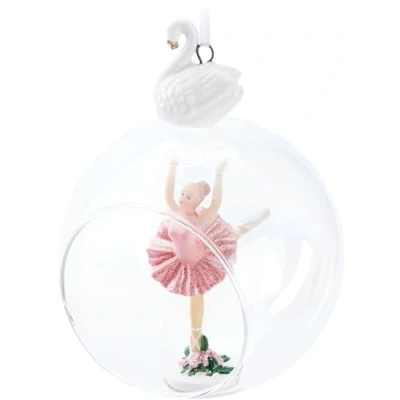 Afbeelding van BRUBAKER Premium Kerstballen Ballerina In Roze Jurk 10 Cm Glazen Bal Met Zwaan Porseleinen Figuur Transparante Kerstboom Balletdanser Kerstbal