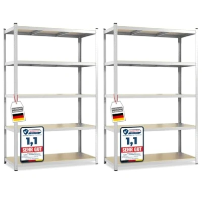 Afbeelding van KARAT Lakota planken voor zware lasten, 2 stuks, steekrek, kelderrek, TÜV/GS getest, 5 verstelbare (gegalvaniseerd, 180 x 90 40 cm)