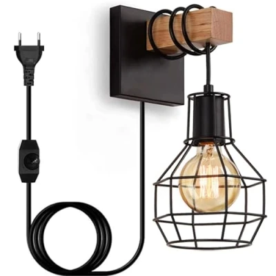 Afbeelding van wandlamp voor binnen, vintage, hout, E27, retro, dimbaar, met stekker en schakelaar, industriële bedlamp, kooi van metaal, slaapkamer, woonkamer, trap, zwart (met lamp)