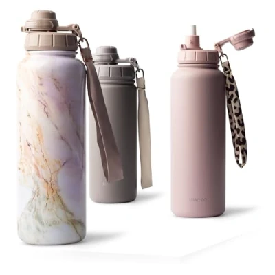 Afbeelding van MAMEIDO Thermosfles met rietje, 700 ml, BPA vrije roestvrijstalen thermosfles, lekvrije drinkfles en draaggreep, waterfles (Pearl Marble, 0,7 l)