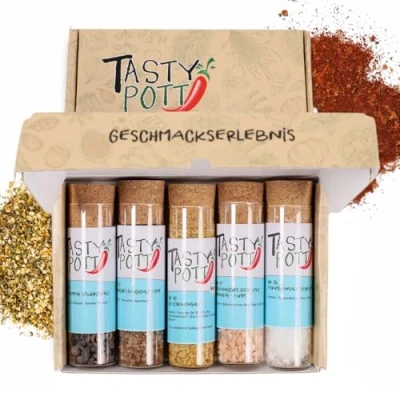 Afbeelding van Tasty Pott Bedankdoos, kruidenset, cadeau idee voor familie en vrienden, kruidig, kruidenmengsels, specerijen in glas, geschenkdoos (zoutcombinaties, veel plezier goede eetlust)