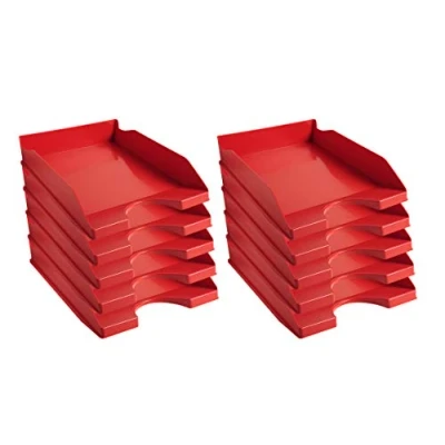 Afbeelding van Exacompta Ref. 123107D set van 10 ECOTRAY brievenbakjes afmetingen 34,5x25,5x6,5 cm voor documenten in A4+ formaat kleur rood Blauer Engel gecertificeerd