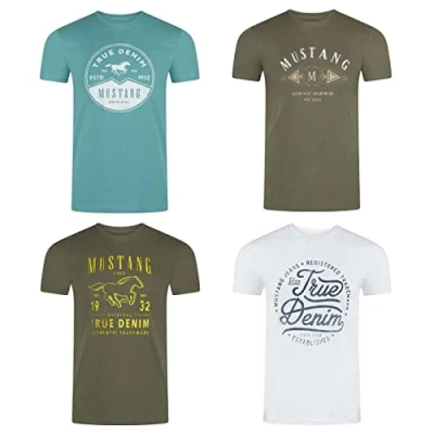 Afbeelding van Mustang Set van 4 T shirts voor heren met print op de voorkant en ronde hals, kleurenmix blauw zwart, Kleurmix (P26)