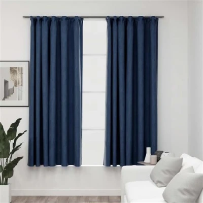 Afbeelding van Gordijnen linnen look verduisterend haken 2 st 140x175 cm blauw