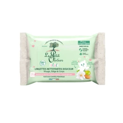 Image de Le Petit Olivier Lingettes Nettoyantes Douceur Bébé Visage,Siège Et Corps Nettoie Fibres D&#039;Origine Végétale 99% Naturelle Testé Sous Contrôle Pédiatrique x56 56.0 ml