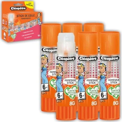 Afbeelding van CLEOPATRE Cléo&#039;Stick doos met 6 transparante lijmstiften van gerecycled kunststof zonder oplosmiddel lijmbuizen 8 g ideaal voor kantoor, school, schoolbenodigdheden
