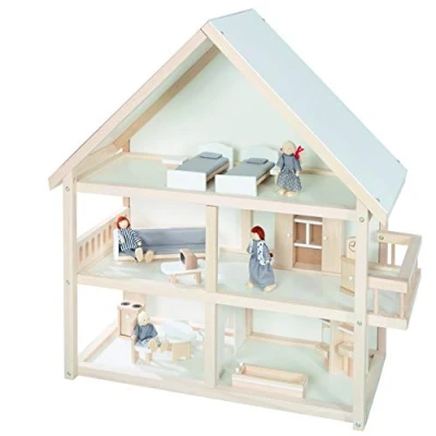 Afbeelding van roba Houten poppenhuis met balkon + 16 stuks miniatuurmeubels en 4 poppen naturel