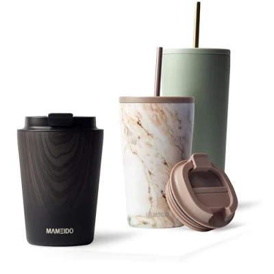Afbeelding van Mameido Thermosbeker, 350 ml, waterdichte koffiethermos, van roestvrij staal, BPA vrije thermobeker, koffiebruin (Ivoor beige, 0,35 l)