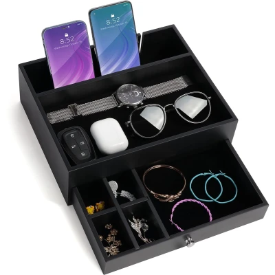 Afbeelding van Belle Vous Zwarte 7 Compartimenten Valet Dressoir/ Nachtkast Organiser Tray met Lade Bureau Opslag Doos voor Beurs, Telefoon, Sleutels, Sieraden/ Accessoires en Geld Allesvanger Naast het Bed