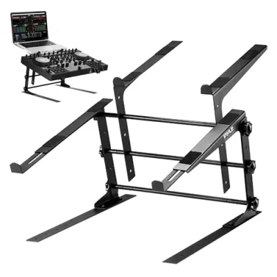 Afbeelding van Pyle Laptopstandaard Dubbele ondersteuning, laptopstandaard, monitorstandaard met verstelbare hoogte, ventilatie voor draagbare computer compatibel laptop/tablet/DJ mixer/gaming, zwart