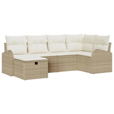 Afbeelding van vidaXL 6 delige Tuinsalon Set met Kussens Beige Poly Rattan, 2 zits Opbergvak &amp; Rattan