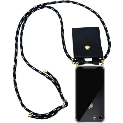 Afbeelding van Cadorabo Hoesje geschikt voor Apple iPhone 7 / 7S 8 SE 2020 in ZWART ZILVER Silicone Mobiele telefoon ketting beschermhoes met gouden ringen, koordriem en afneembare etui