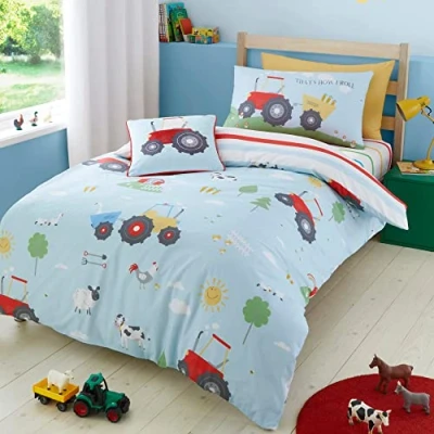 Afbeelding van Bedlam Dekbedovertrekset voor eenpersoonsbed (200 x 140 cm) Boerderijdieren en bouwtractor Omkeerbaar ontwerp Farmyard Friends collectie, blauw