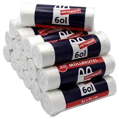 Afbeelding van 16 vuilniszakken met draaggreep, 60 liter, 20 stuks per rol, scheurvast en vloeistofdicht, recyclebaar product verpakking