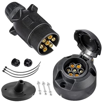 Afbeelding van SPARKMOTO Aanhangerstekker 7 polig en aanhangerstekker, polig, waterdicht, 12 V, trekhaak, vrouwelijk, mannelijk, aanhangerconnector, met afdichting achter stopcontact (SK0702A)
