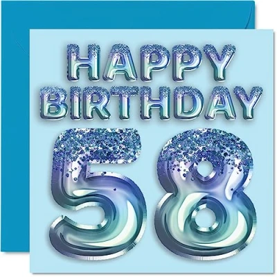 Afbeelding van Verjaardagskaart voor heren 58e verjaardag blauwe glitterfeestballon verjaardagskaarten man, oom, opa,