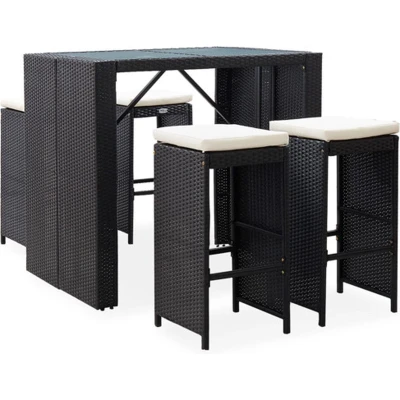 Afbeelding van 5 delige Tuinbarset poly rattan en glas zwart