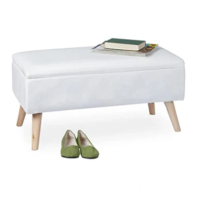 Afbeelding van Relaxdays Zitbank met opbergruimte, fluwelen bekleding, 40 L, bekleed, houten poten, hal, 2 zits kistbank, 41 x 80 cm, wit