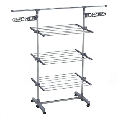 Image de VOUNOT® Séchoir à Linge Tour 3 Niveaux Ailes Pliables en Acier Inoxydable avec 6 Roues Grande Capacité Ultra Stable Étendoir 22 Mètres d’Étendage pour Usage Intérieur/Extérieur