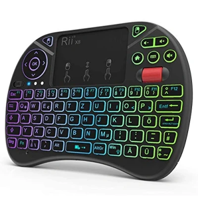 Afbeelding van Rii Mini toetsenbord met touchpad, Smart TV toetsenbord, 2,4 GHz draadloos 8 kleuren achtergrondverlichting en scrollrad (Duits, zwart