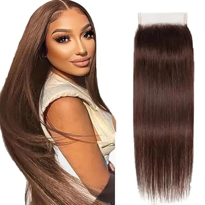 Afbeelding van Tuheerst Rechte kanten sluiting, echt haar, sluiting aan de voorkant, bruin, 100% onbewerkt, Braziliaans Remy voor dames, 35,5 cm