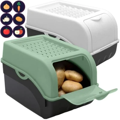 Afbeelding van ARTECSIS Set van 2 bewaardozen voor levensmiddelen, fruit en groenten, met 6 stickers, 5 liter, wit / saliegroen