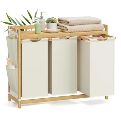 Afbeelding van SONGMICS wasmand met 3 vakken, van bamboe, inhoud 150 l, plank, zijvakken, x 50 94 33 78 cm, crèmewit RLH115W01