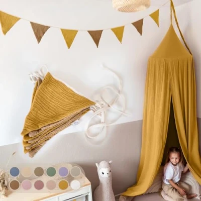 Afbeelding van lilimaus vlaggetjesslinger van stof [geel en bruin] voor kinderkamer 100% handgemaakt katoen chiffon wimpelslinger meisjesbeddecoratie