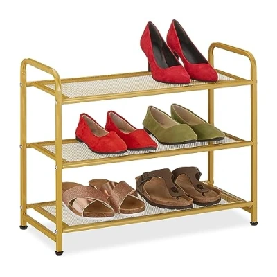 Afbeelding van Relaxdays schoenenrek 6 paar schoenen schoenenmeubel 3 etages staal modern goud