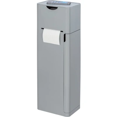 Afbeelding van Stand wc garnituur Imon 6 in 1, met geïntegreerde toiletpapierhouder, borstelhouder, reserverolhouder, opbergvakken en opbergruimte, solide kunststof, 20 x 58,5 15 cm, grijs mat