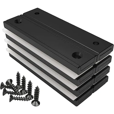Afbeelding van Magnetpro Set van 8 rechthoekige magneten, 30 kg sterk, 60 x 13,5 5 mm, zwarte epoxy coating, roestbestendig, geschikt voor buiten, huishouden en industrie, met schroeven