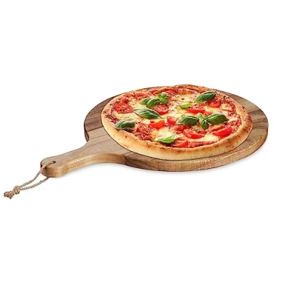 Afbeelding van Relaxdays pizzaplank acaciahout rond Ø 35,5 cm met handvat kaasplank natuur