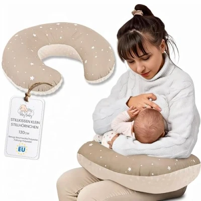 Afbeelding van klein voedingskussen Minky Basic 130 cm compact voedingskussen, borstvoedingskussen, borstvoedingskussen voor reizen, slaap, beige met witte sterren