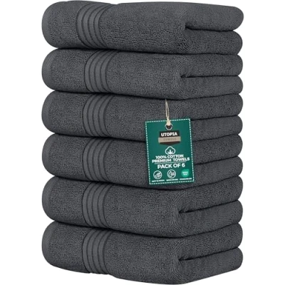 Afbeelding van Utopia Towels Set van 6 luxe handdoeken, (41 x 71 cm), 100% gesponnen katoen, licht en zeer absorberend, voor badkamer, reizen, camping, hotel spa (grijs)
