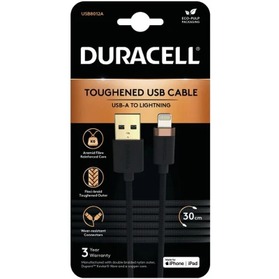 Afbeelding van Duracell 3A MFi USB A naar Lightning Kabel Kevlar 0.3M Zwart