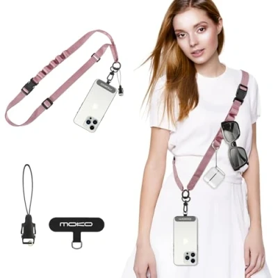 Afbeelding van MoKo Universeel telefoonkoord, verstelbare nylon riem voor mobiele telefoon, uniseks, afneembaar koord om de hals met patches iPhone en meeste smartphones, goud