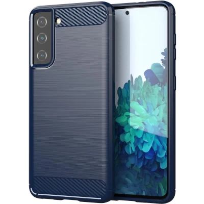 Afbeelding van Cadorabo Hoesje geschikt voor Samsung Galaxy S21 FE in BRUSHED BLAUW Beschermhoes van flexibel TPU siliconen roestvrij staal carbonvezel look Case Cover