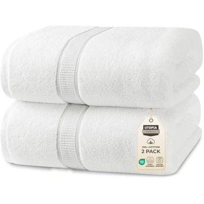 Afbeelding van Utopia Towels Premium Jumbo Badlaken (90 x 180 cm), 2 Pack 100% Ring Spun Katoen Zeer absorberend en Snel Droog Extra Grote Badhanddoek Super Soft Hotel Quality Handdoek (Wit)