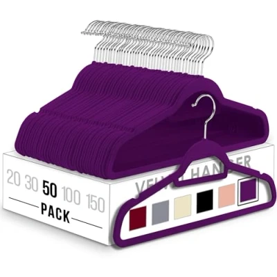 Afbeelding van Antislip fluwelen hangers Non slip heavy duty met dasspeld sterk genoeg om jassen en truien vast te houden (paars, 50 stuks)