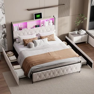 Afbeelding van Lit Double Rembourré 160 x 200 cm avec 4 Tiroirs, Coffre Charge USB et éclairage LED, Cadre de Lit, Tete Rangement, Adulte, Velours, Beige (160 cm)