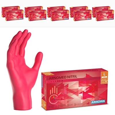 Afbeelding van ARNOMED Rode wegwerphandschoenen, nitril handschoenen, maat L, wegwerphandschoen 1000 stuks (10 dozen), poedervrij en latexvrij, wegwerphandschoenen in XS, S, M, L XL