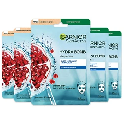 Afbeelding van GARNIER Skin Active Maskerset van Hydra Bomb stof hydraterend en voller op basis granaatappel hyaluronzuur veganistisch dierproefvrij composteerbare vochtarme huid 5 stuks