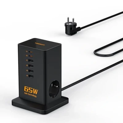 Afbeelding van TESSAN Meervoudige USB C oplader, PD 65 W, snellader GaN met 6 poorten (4 A en 2 C) stopcontacten, stekker, laadstation m kabel voor kantoor reizen